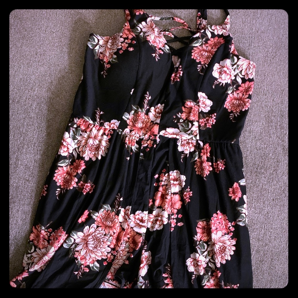 Black pink flower maxi romper dress